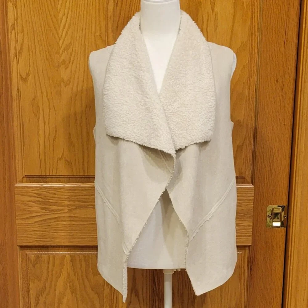 Faux Suede Sherpa Fleece Lined Boho Waterfall Open Front Vest with Pockets